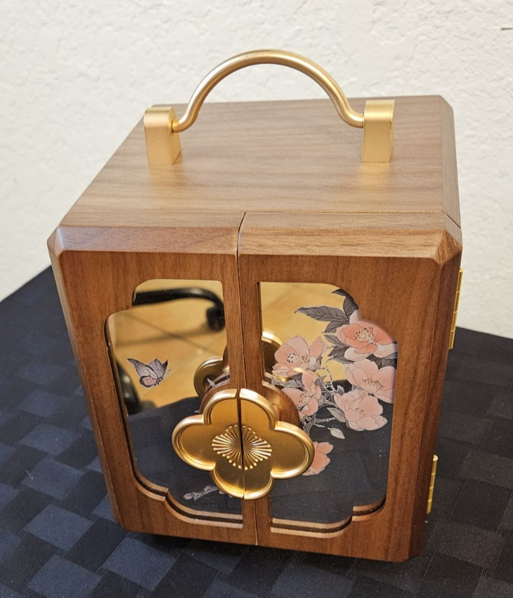Black Walnut Wooden Jewelry Organizer With Painted Mirror Doors & Brass Handles