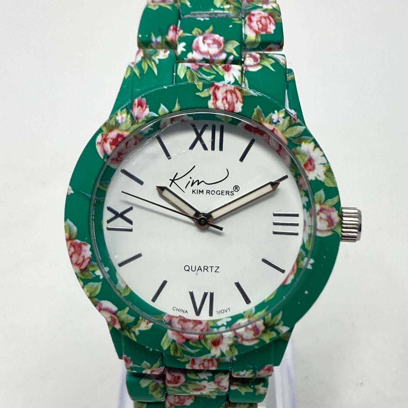 Kim Rogers Women’s Watch 39mm Green Pink Floral Spring Round New Battery 7″