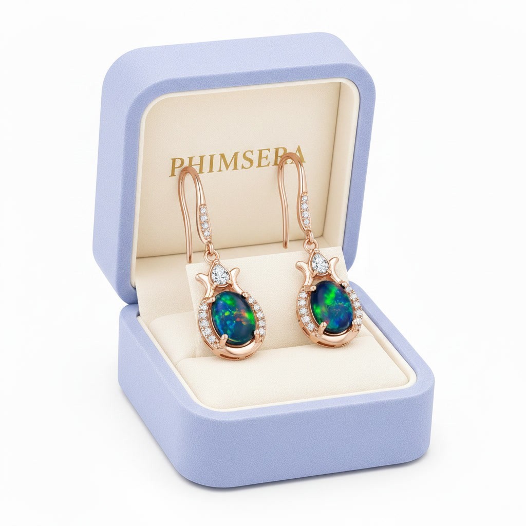 Black Fire Opal Dangle Earrings 6x8mm, 925 Sterling Silver Black Opal Earrings