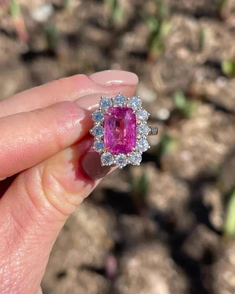 4Ct Cushion Cut Lab Created Pink Sapphire Wedding Ring In 14k White Gold Finish