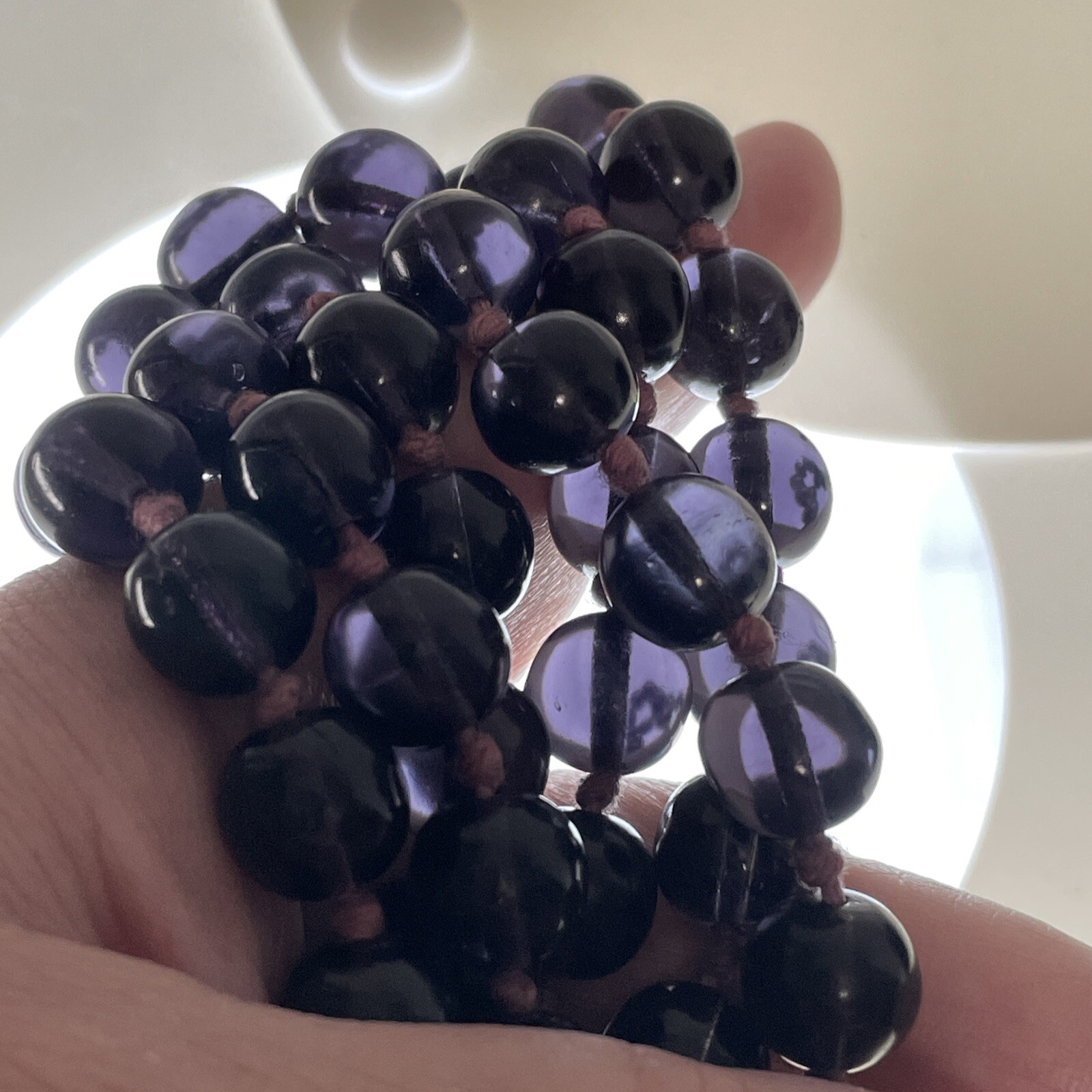 Vintage Deep Purple Chinese Glass Hand Knotted Round Bead Long Necklace 29”