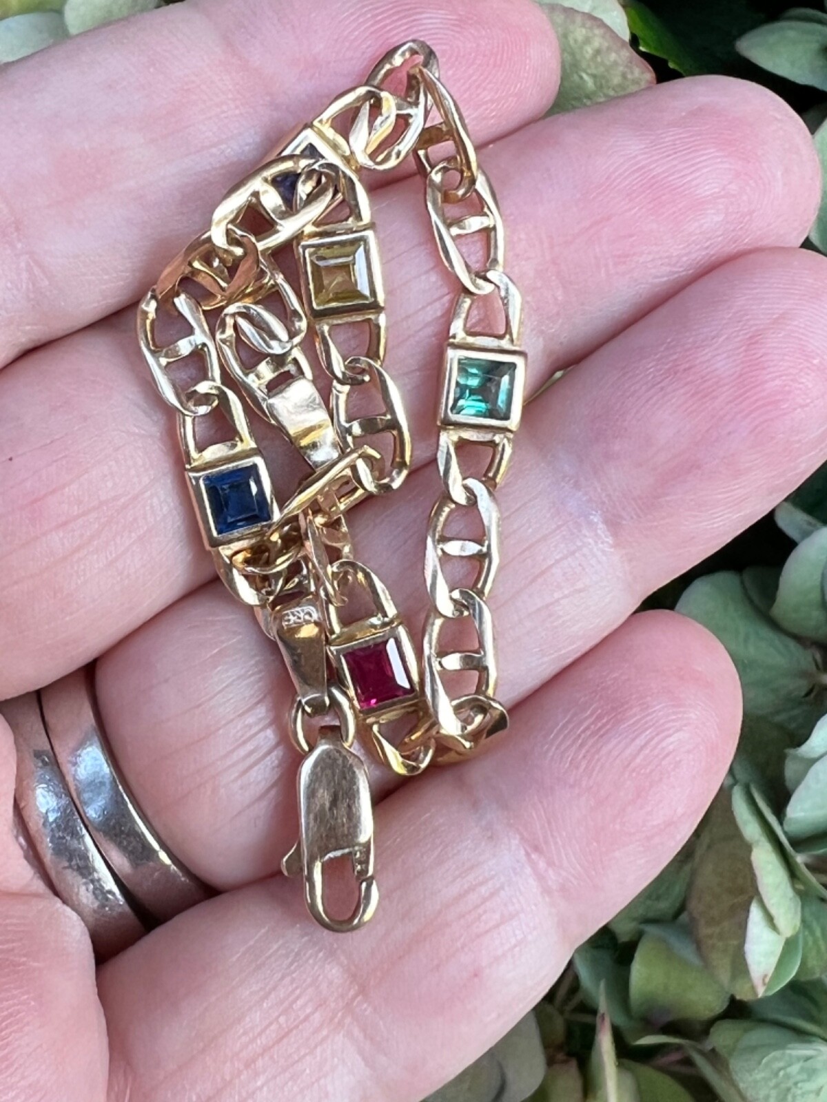 14K YELLOW GOLD MULTI GEMSTONES FIGARO BRACELET MADE IN ITALY CANDY COLORS
