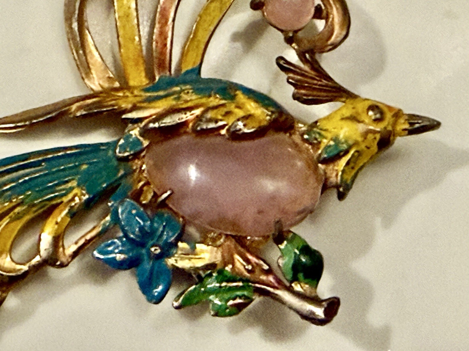 Antique 1940s CORO JELLY BELLY Bird Of Paradise Brooch W/ Enamel Pink & Yellow
