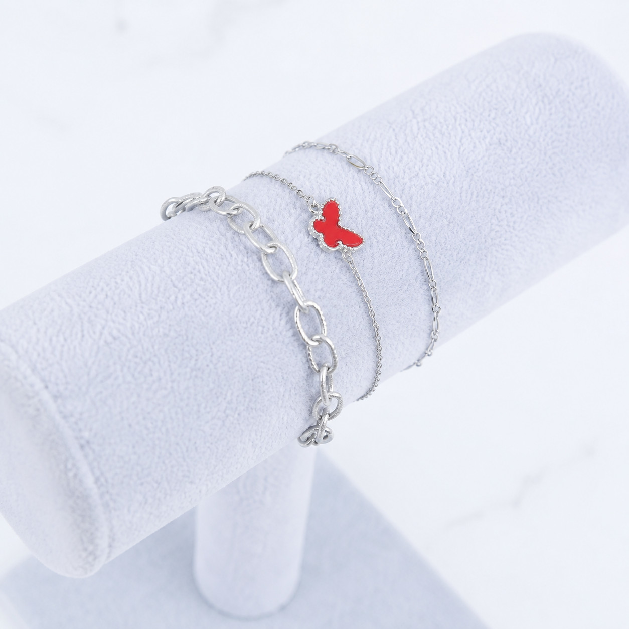 Bracelet 3CS Silver Set Red Butterfly Charm Layered Chain Adustable Women Gift