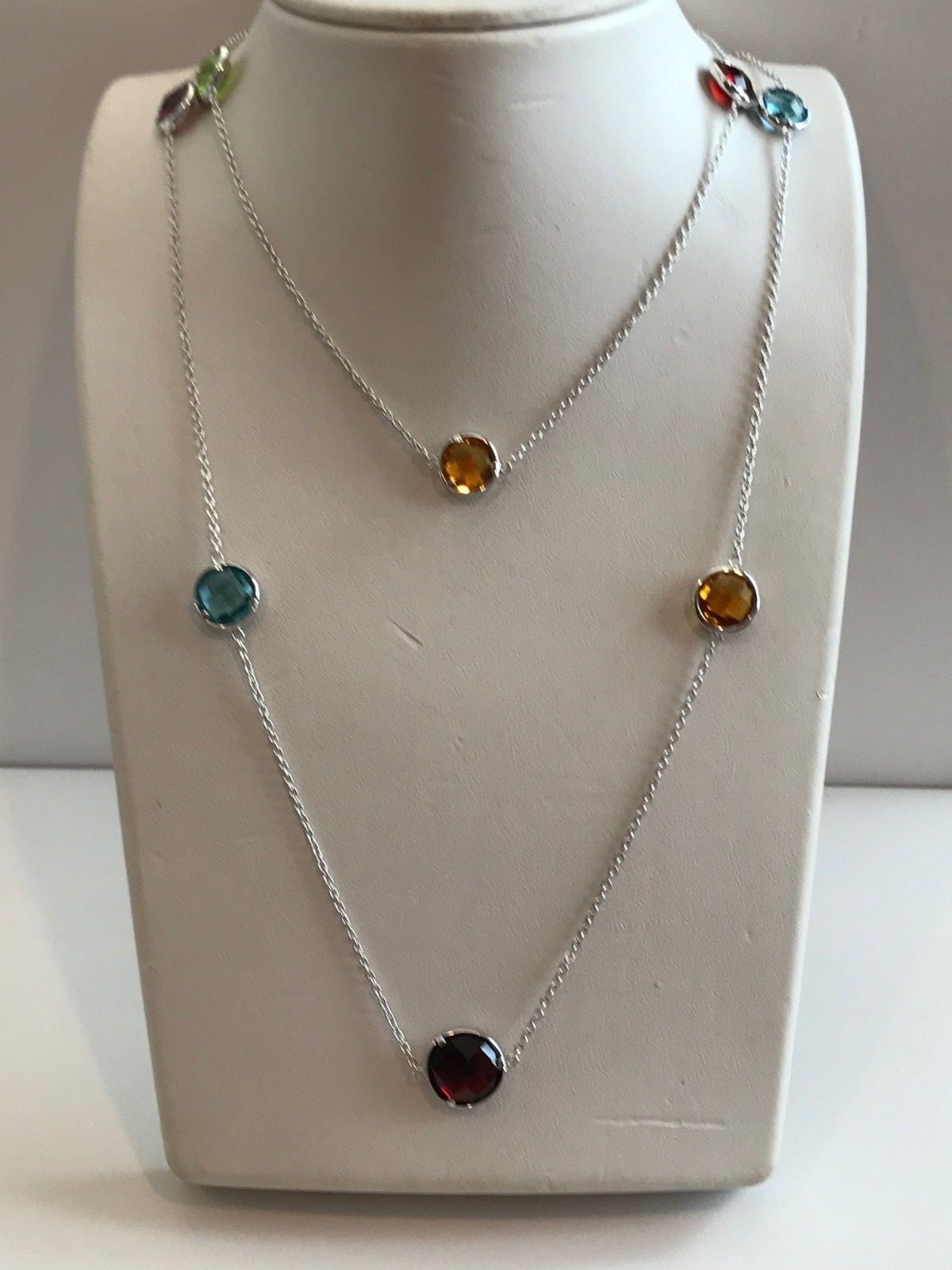 36” LONG MULTI- COLOR NECKLACE W/ MULTI- COLOR GEMSTONES / 925 STERLING SILVER