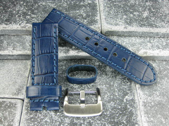 24mm BIG CROCO Leather Strap Blue Thick Watch Band Belt Blue Stitch for PANERAI