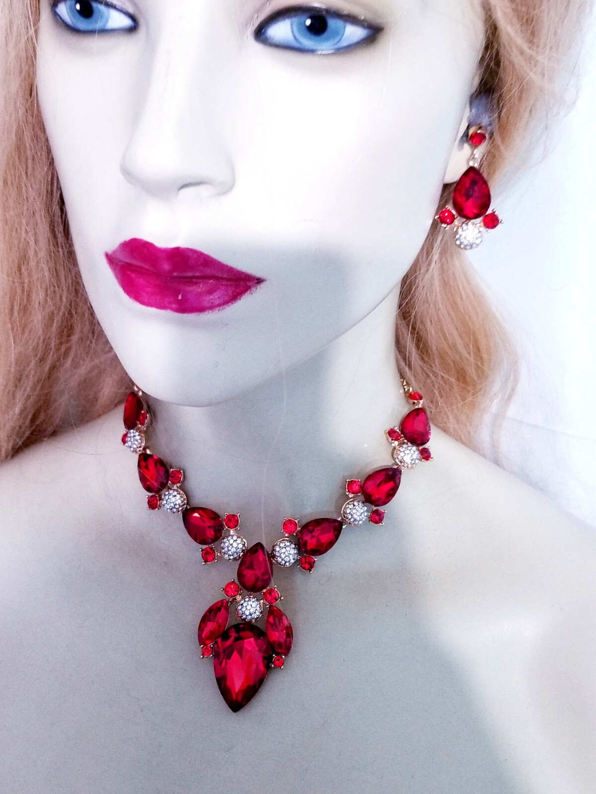 Red Crystal Choker Rhinestone Necklace Earring Set Bridal Prom Pageant