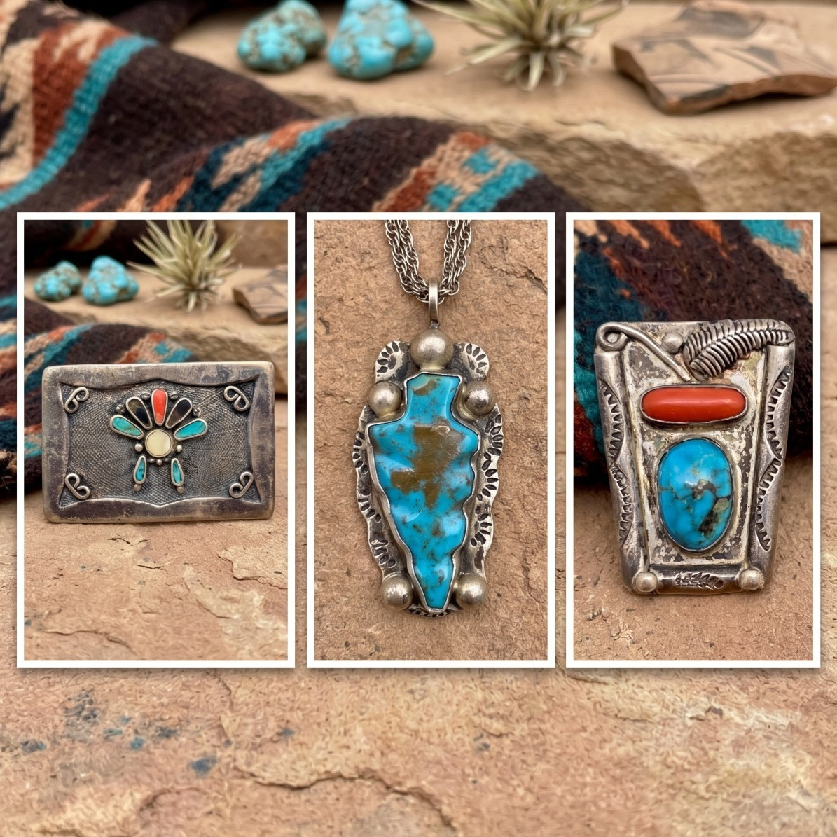 Vtg 1970s Navajo Sterling Silver Turquoise Coral Buckle Pendant Set Signed Begay