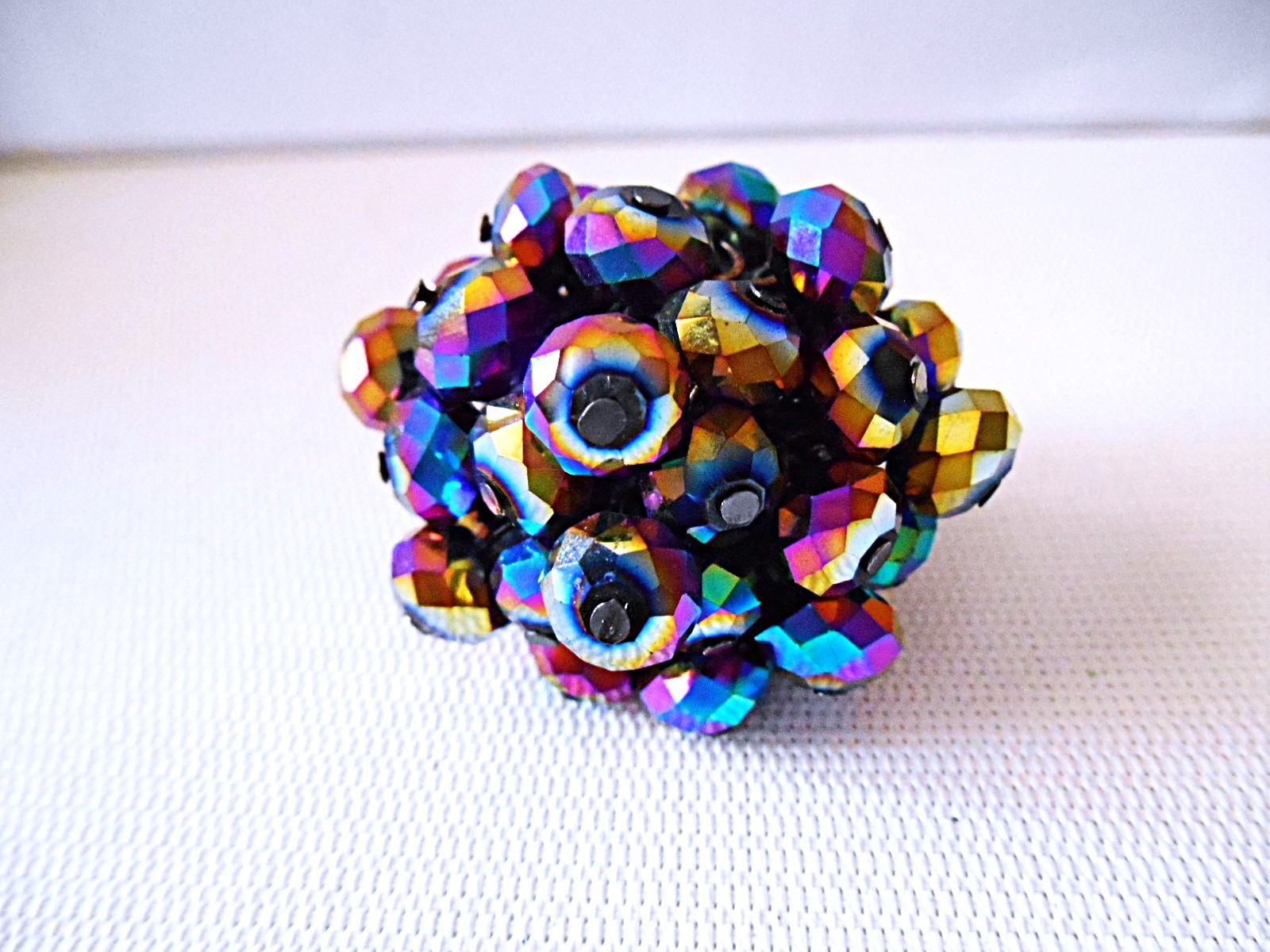 Black Multi-color Iridescent Beaded Stretch Ring