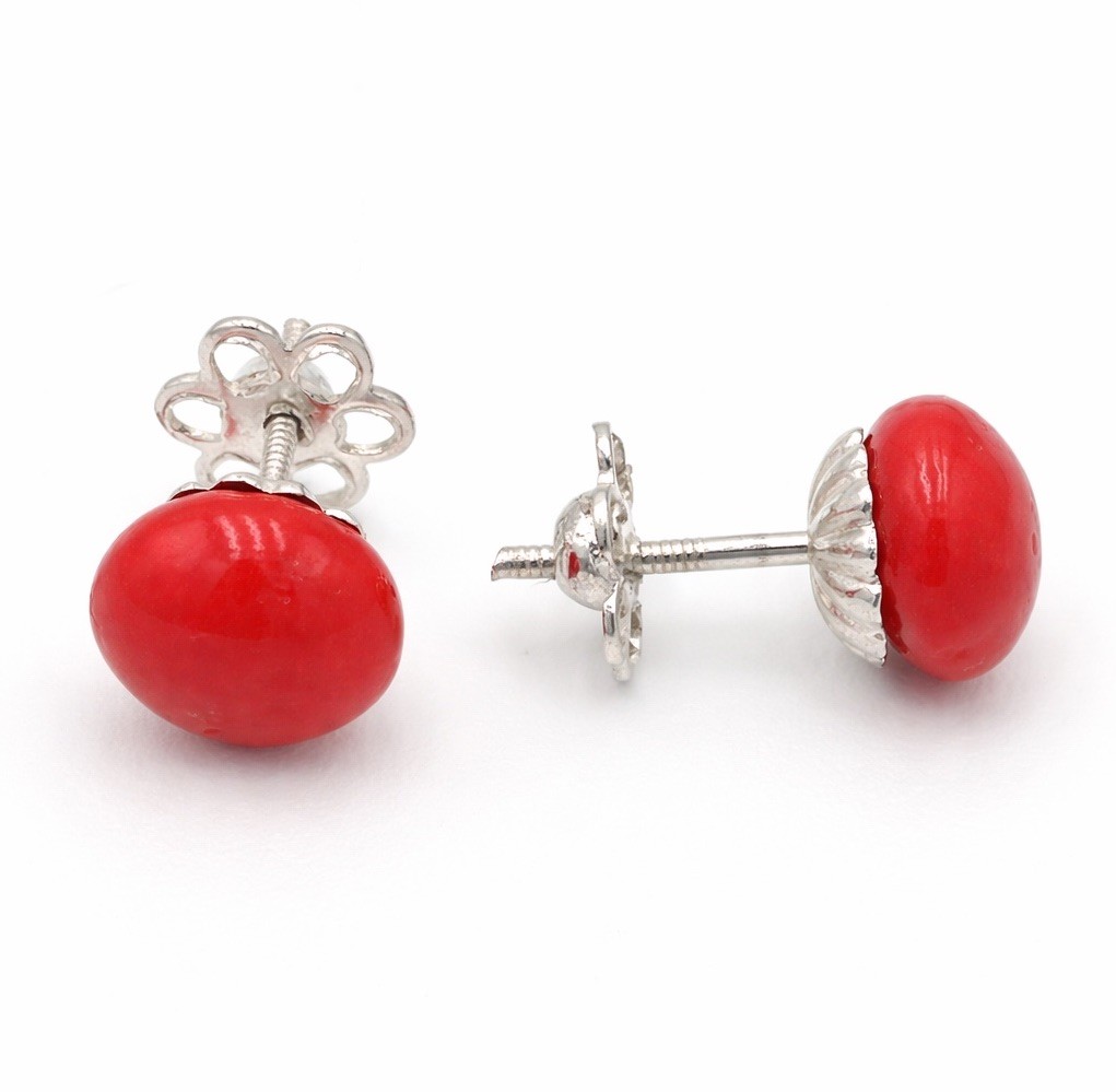 Mediterranean Red Coral Earrings 8mm 925 Silver – Elegant Buttons Women