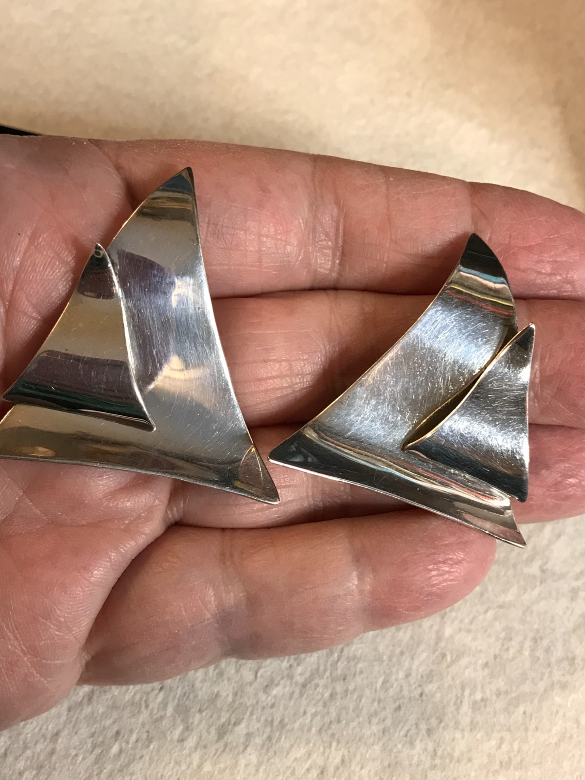 Sterling Silver Large Abstract Modern Triangular SUSAN CUMMINGS Clip Earrings