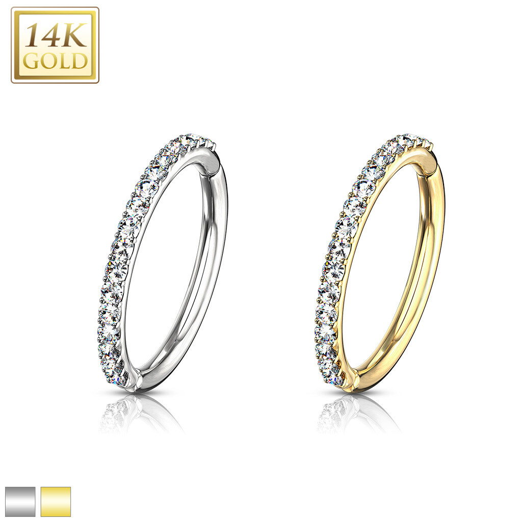 14K Gold CZ Hinged Nose Hoop Ring Tragus Rook Snug Eyebrow Piercing 16G