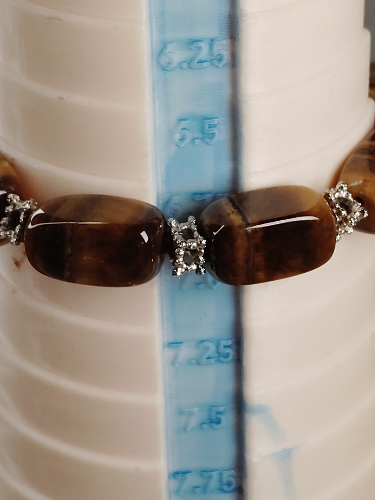 Tiger’s Eye Brown Beaded Stretch Bracelet Silver Spacer Beads 7.25″