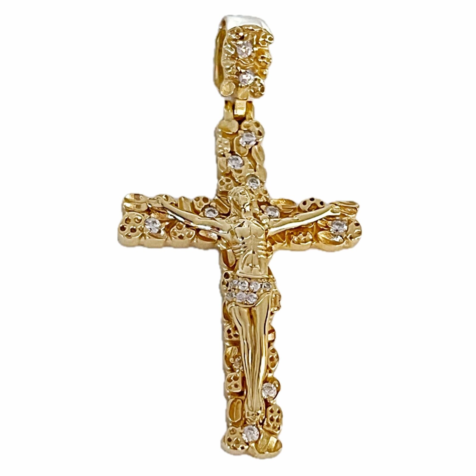 14K Gold Plated 925 Sterling Silver Nugget Jesus Crucifix Cross CZ Iced Pendant
