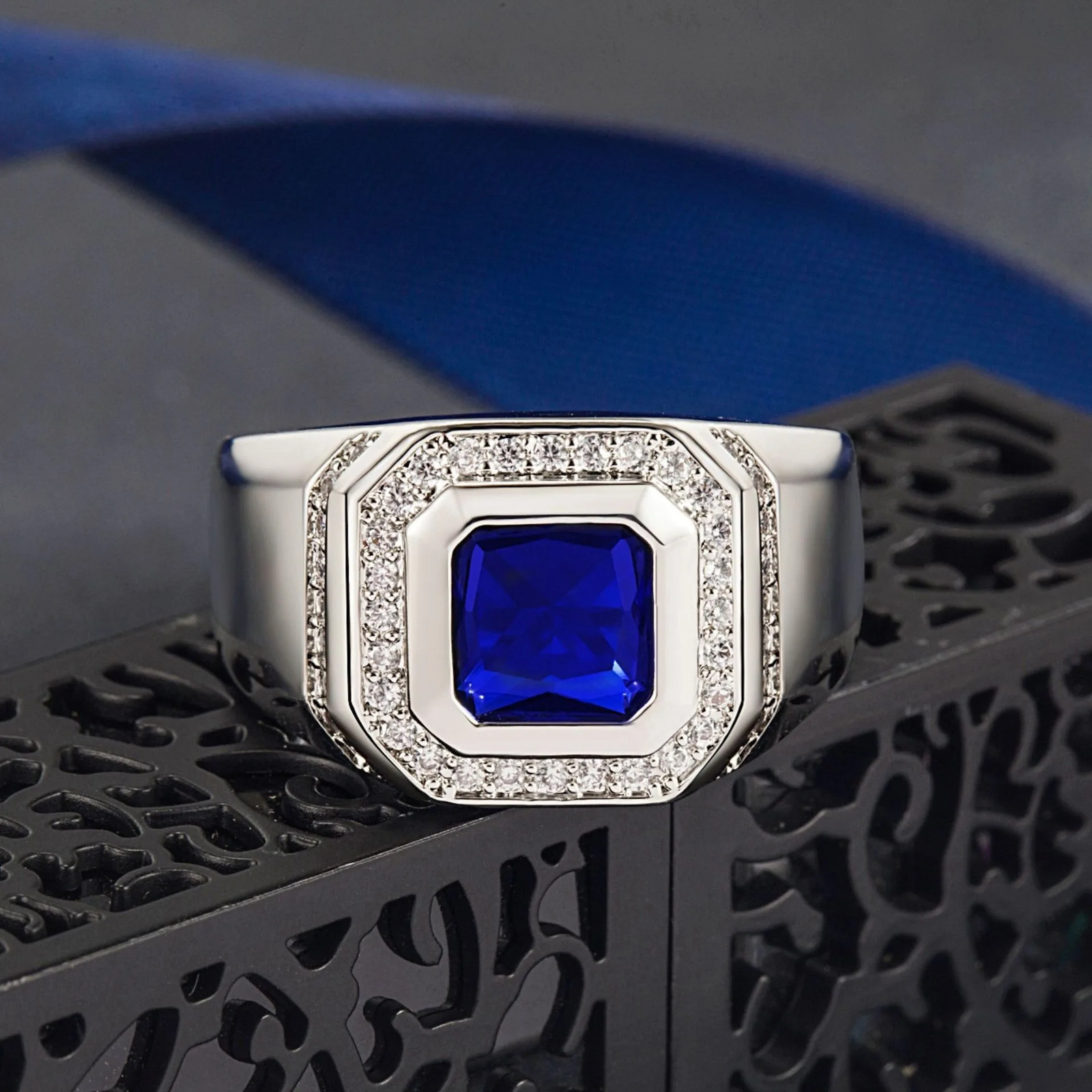 Blue Crystal Ring Silver Color Geometric Tension Mount Wedding Men Jewelry