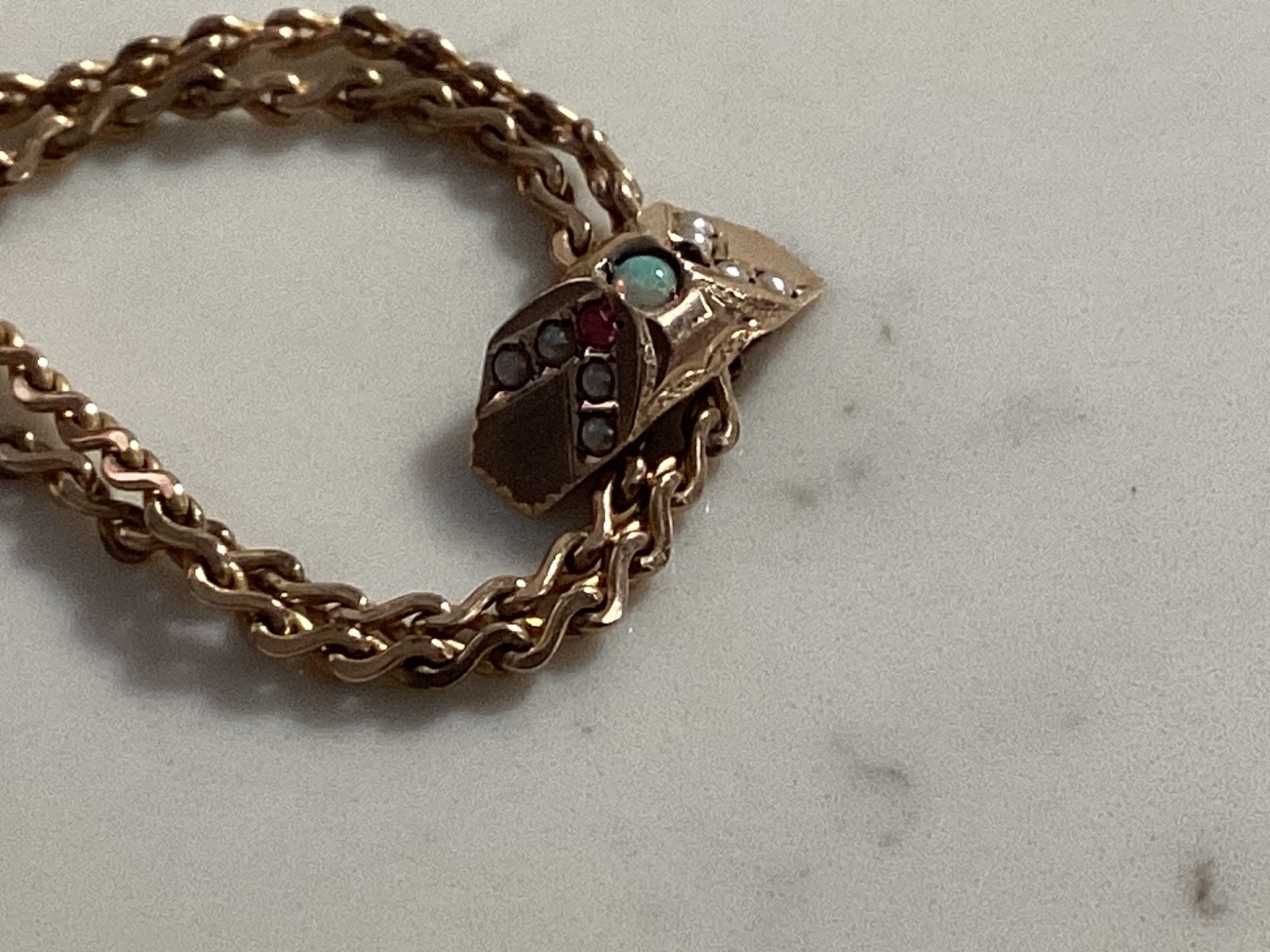 ANTIQUE SIGNED S.O.B. & CO. GOLD FILLED RUBY, PEARL SLIDING WATCH CHAIN NO RES