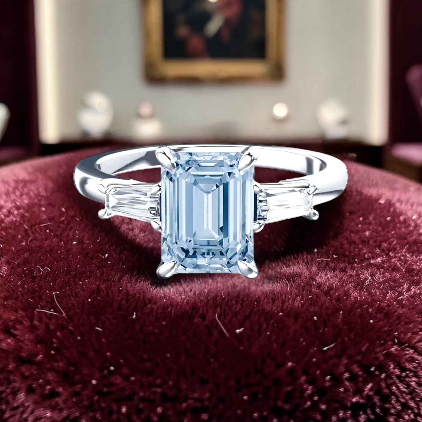 950 Platinum IGI Lab Grown Diamond Ring Fancy Intense Blue 3.20 Ct Emerald Cut