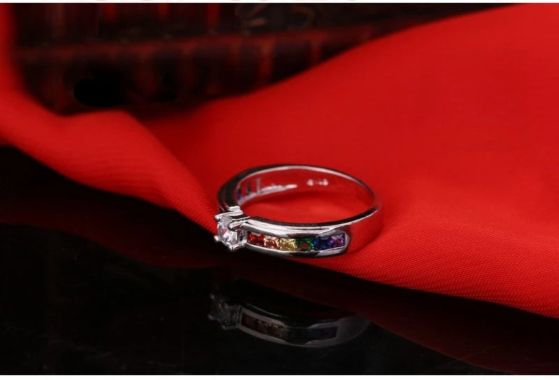 925 Silver Rainbow CZ Ring Women Fashion Jewelry Engagement Party Gift