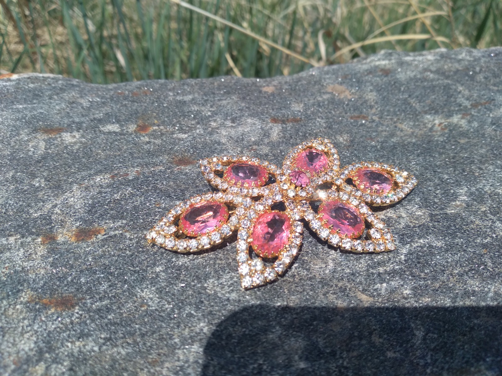 Sparkly Pink Rhinestone Brooch Gold Tone Statement 3.75 in Vintage