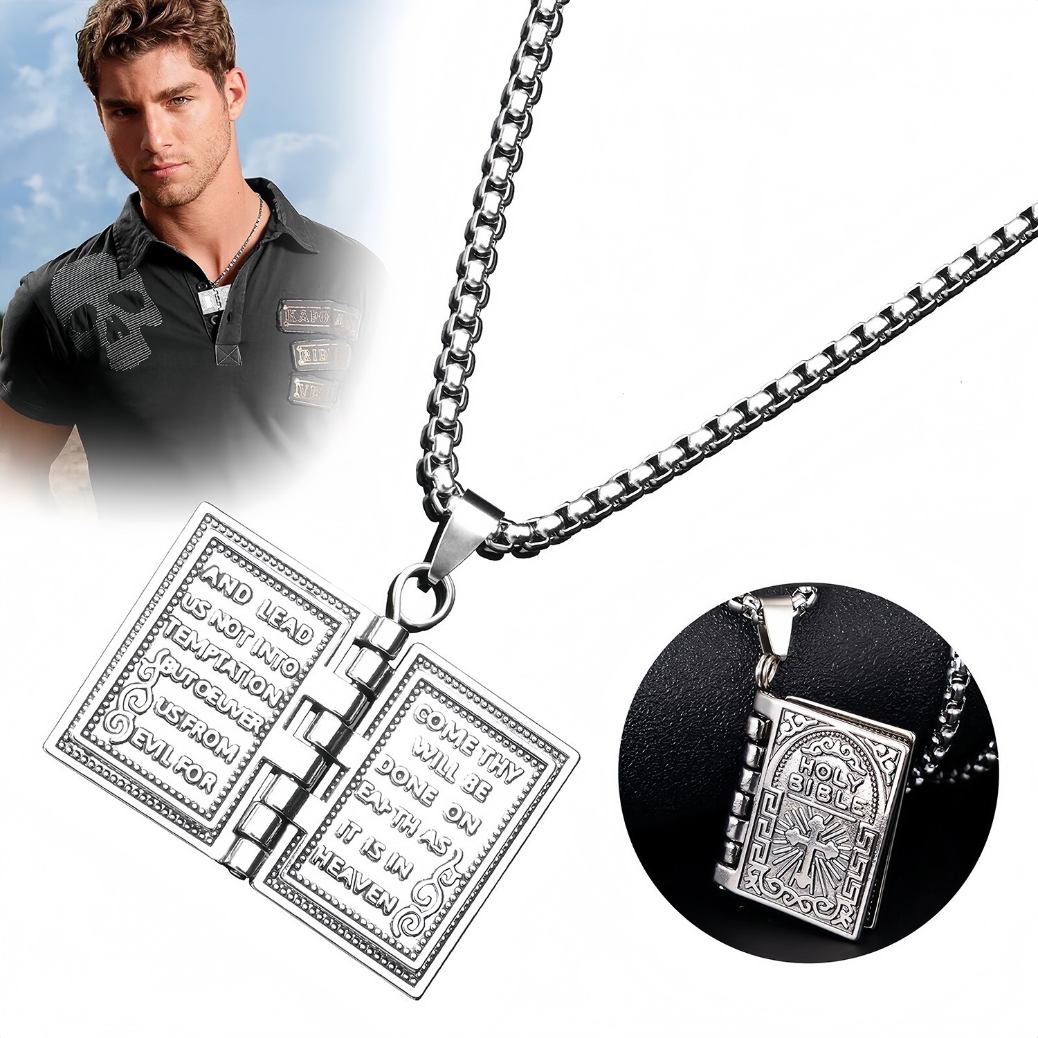 Silver Tone Hinged Bible Book Cross Pendant Necklace Religious Jewelry Unisex US