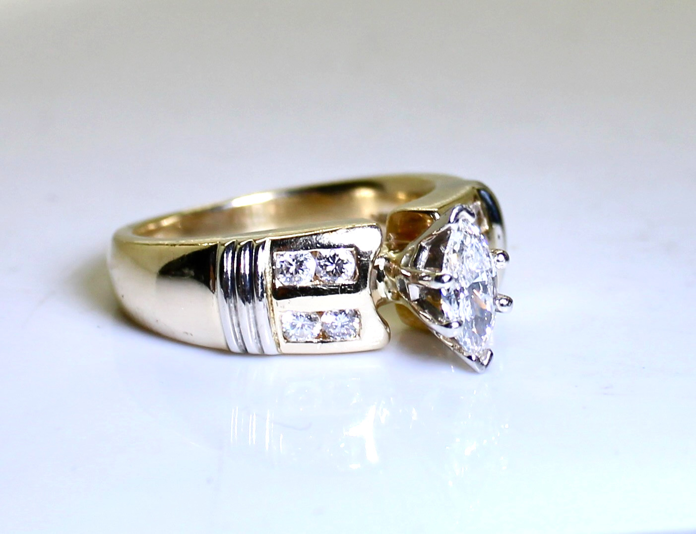 Gorgeous 14K Gold .56 Ctw Marquise & Round Diamond Ring, Size 4.75, 7.5 Grams