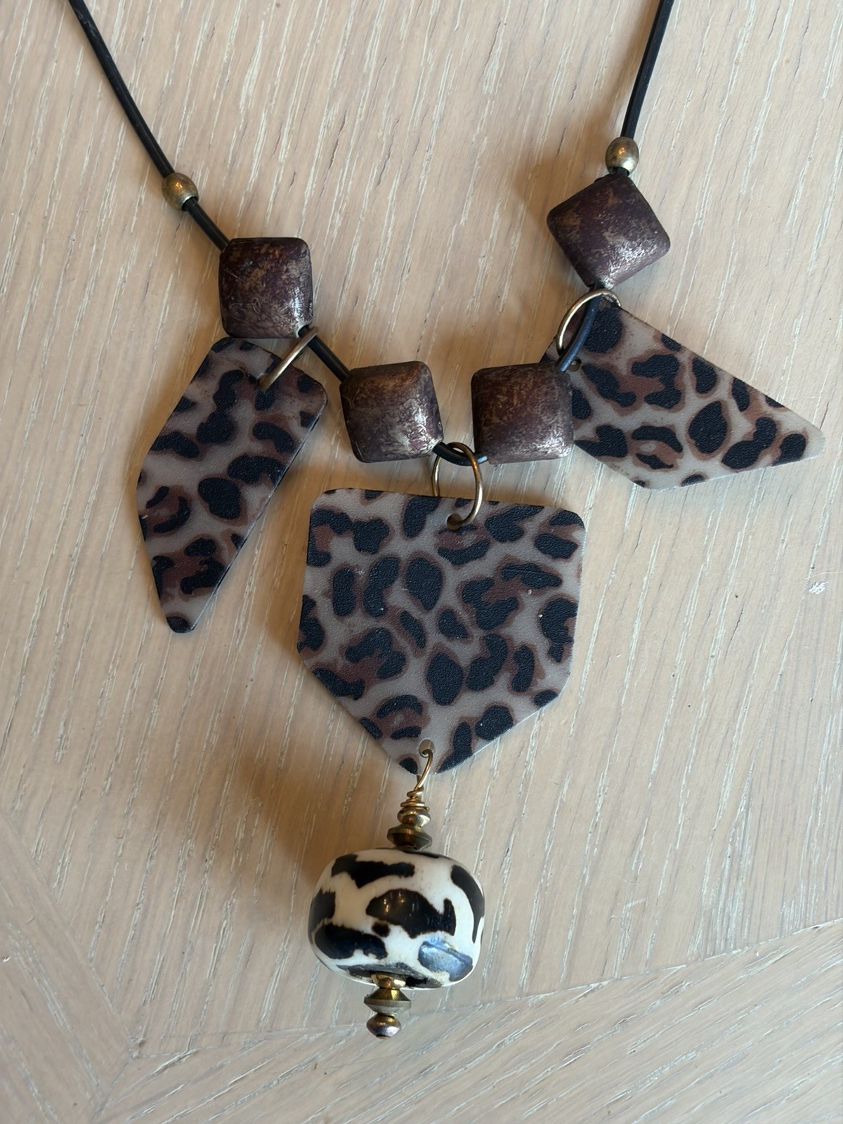 Brown, Black & Off White Leopard Animal Print Pendant Necklace