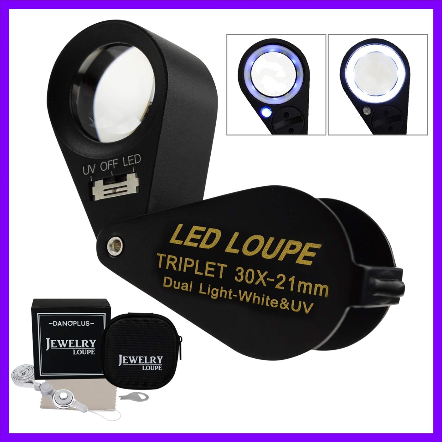 30x Magnifier Jewelry Loupe LED UV 21mm Achromatic Triplet Lens Optical Glass…