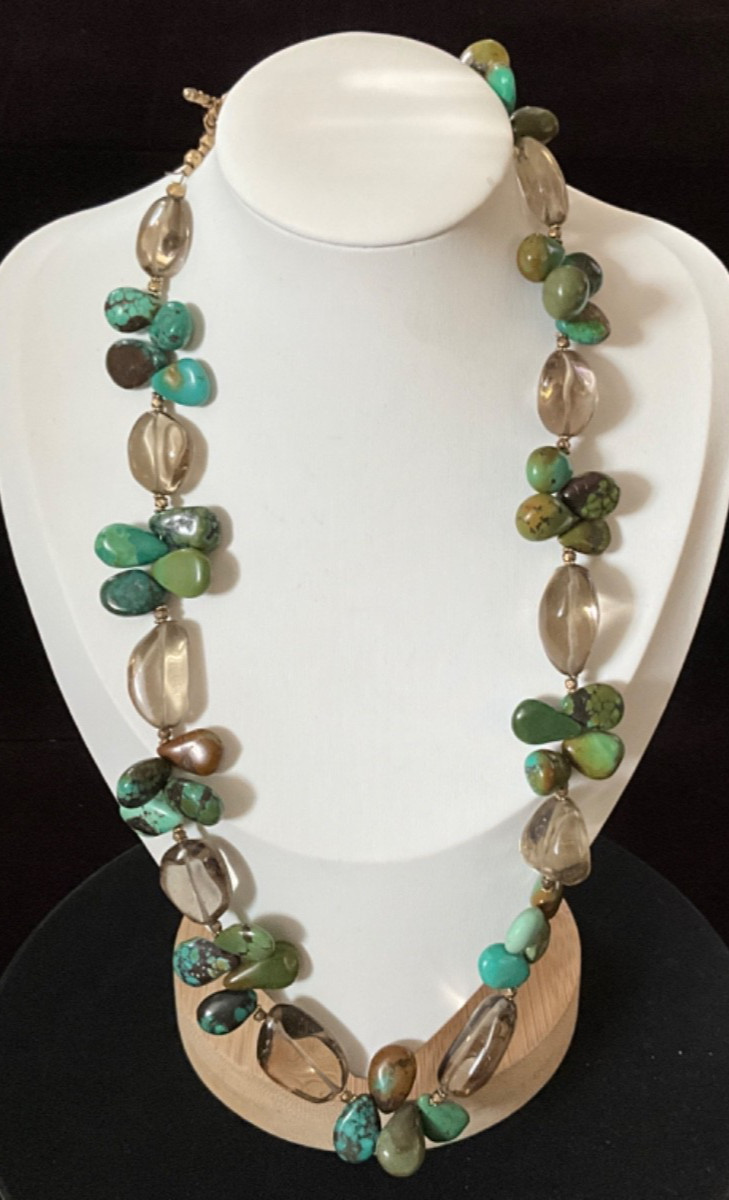 Chunky Green Blue Brown Turquoise Necklace 20″ & Smokey Spinel