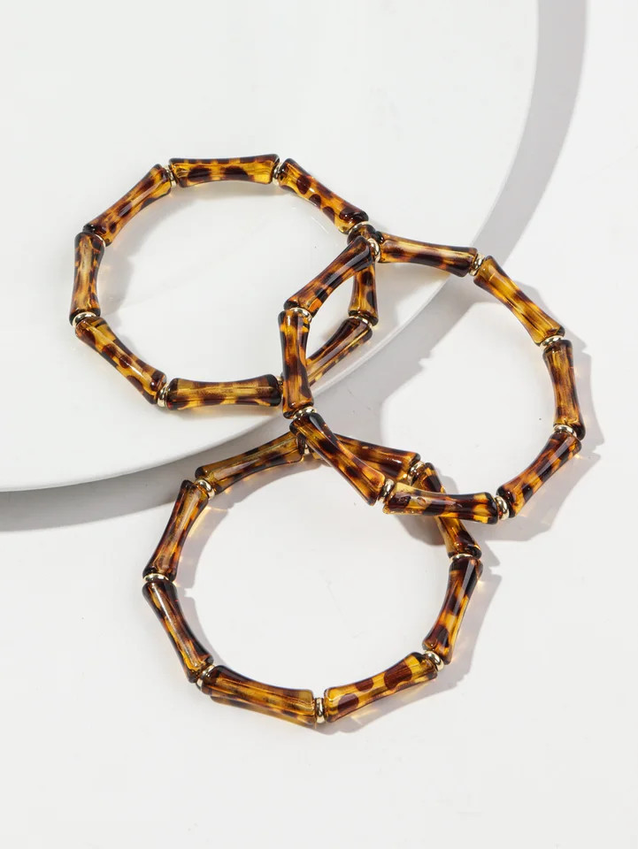 3 pc Leopard Acrylic Bamboo Beaded Bracelet Women Retro Thin Tube Stack Jewelry
