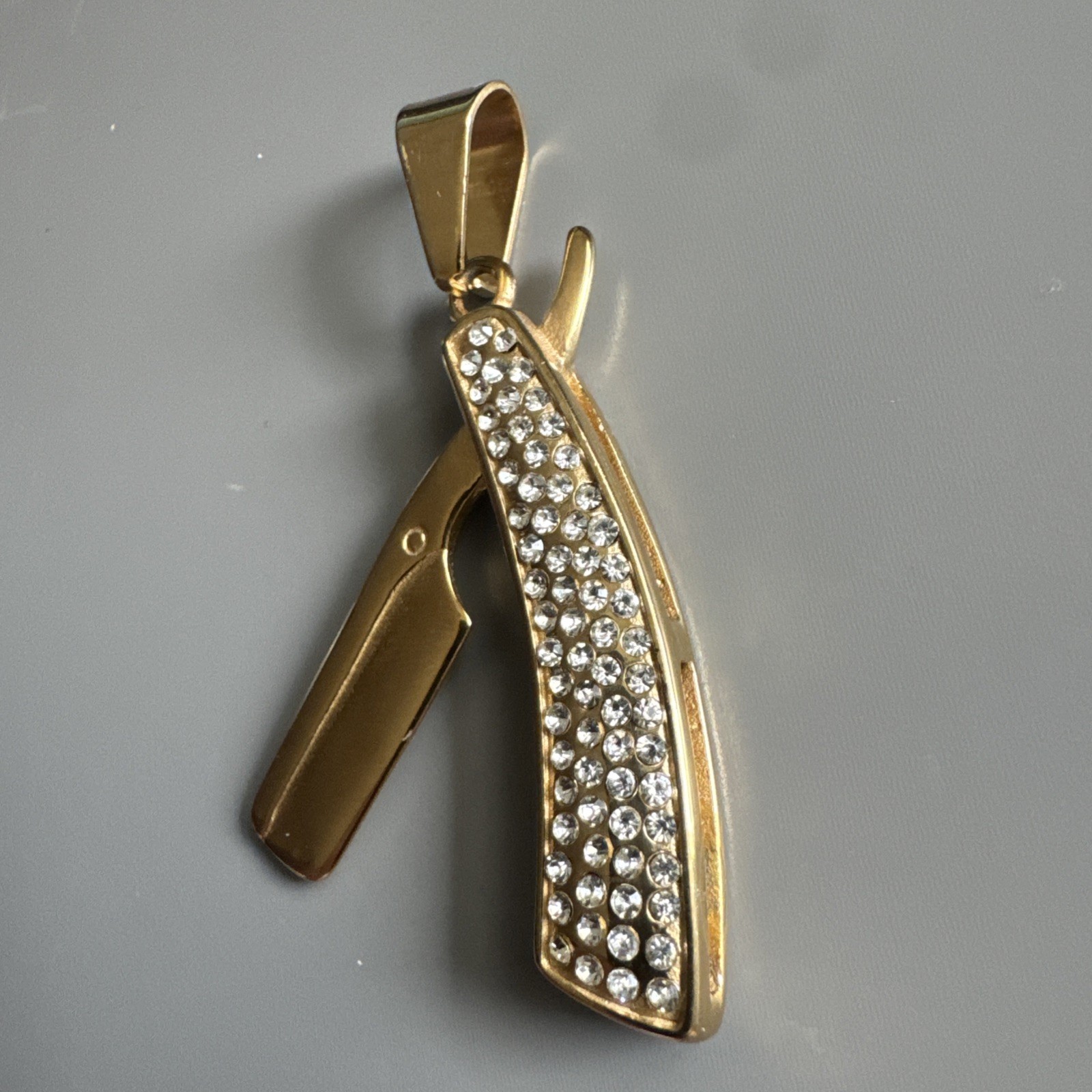 Razor Blade Barber Gold Plated Cubic Zirconia Pendant 24 Inch Chain Men’s Gift
