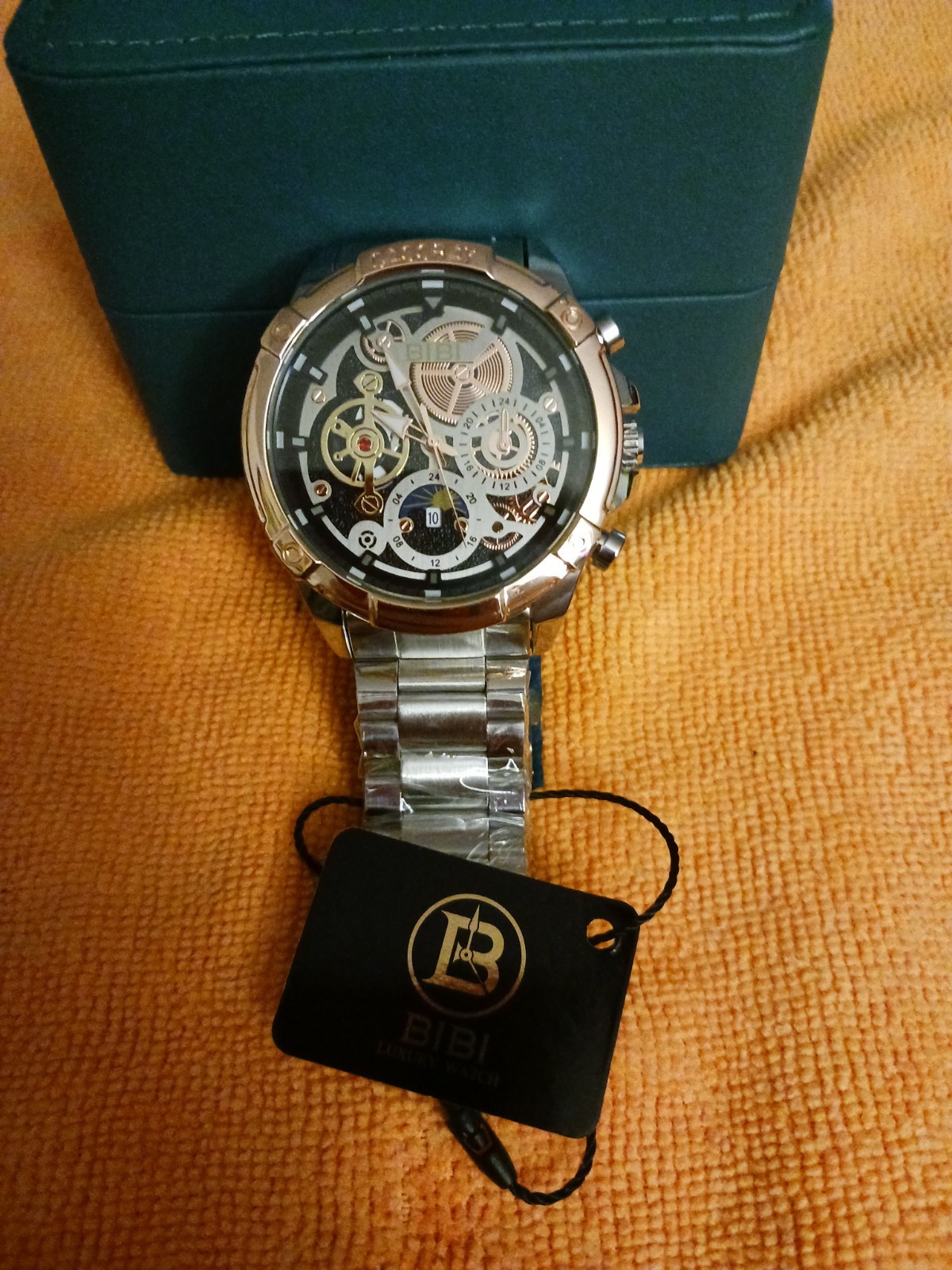 Bibi Cassray Men’s Luxury Watch; Black Dial Rose Case Silver Band B0201