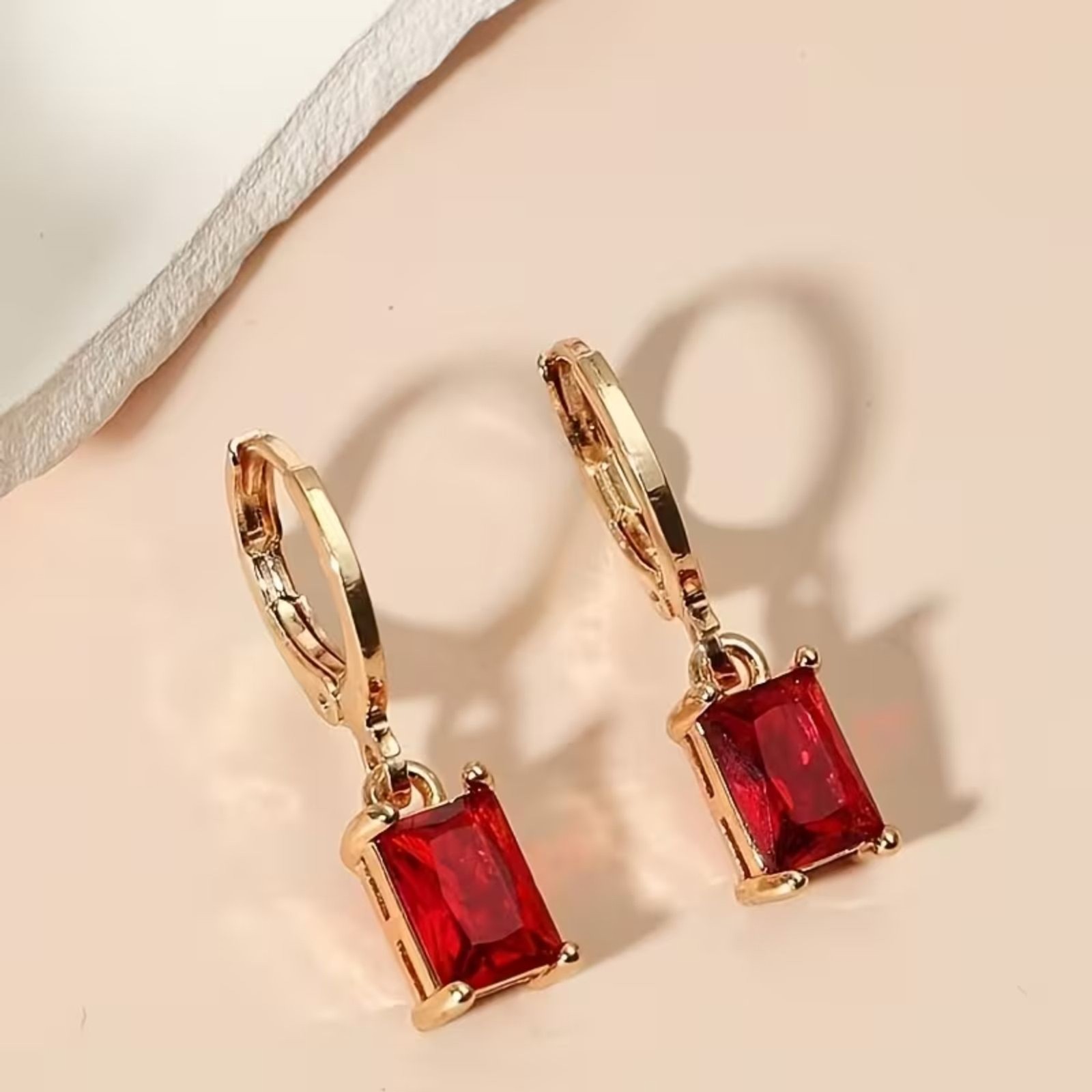 Red Emerald Cut Zirconia Crystal Drop Earrings Gold Hoop Dangle Gemstone Pendant