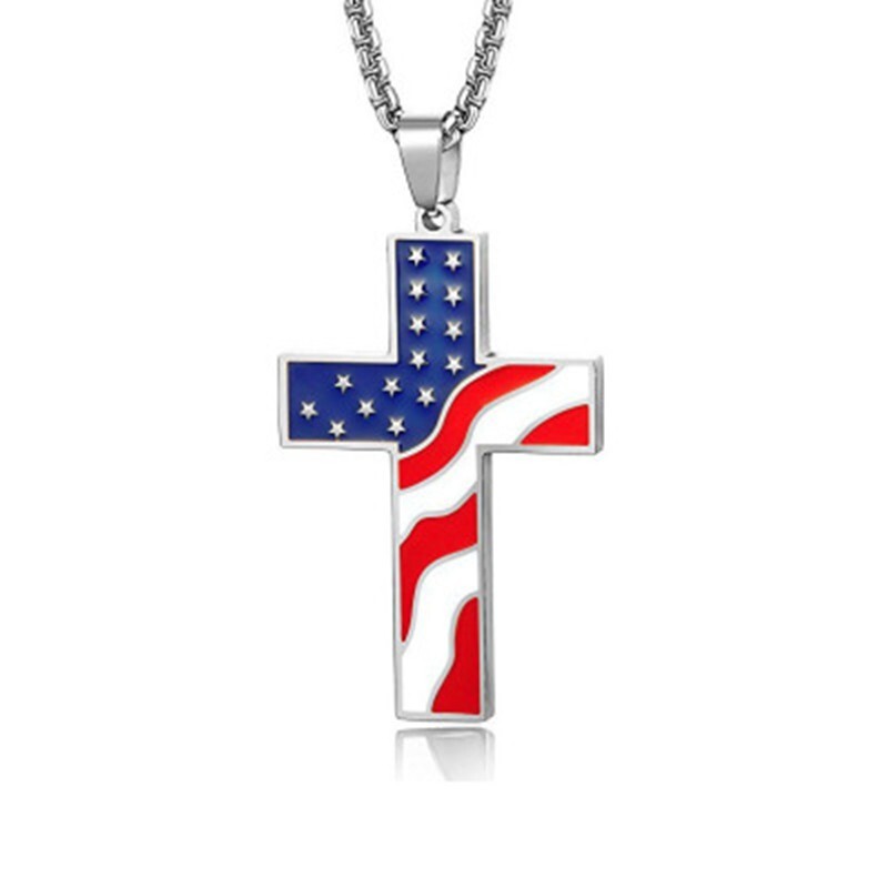 Silver Mens American Flag Cross Pendant Necklace Religious Christian Chain 24″