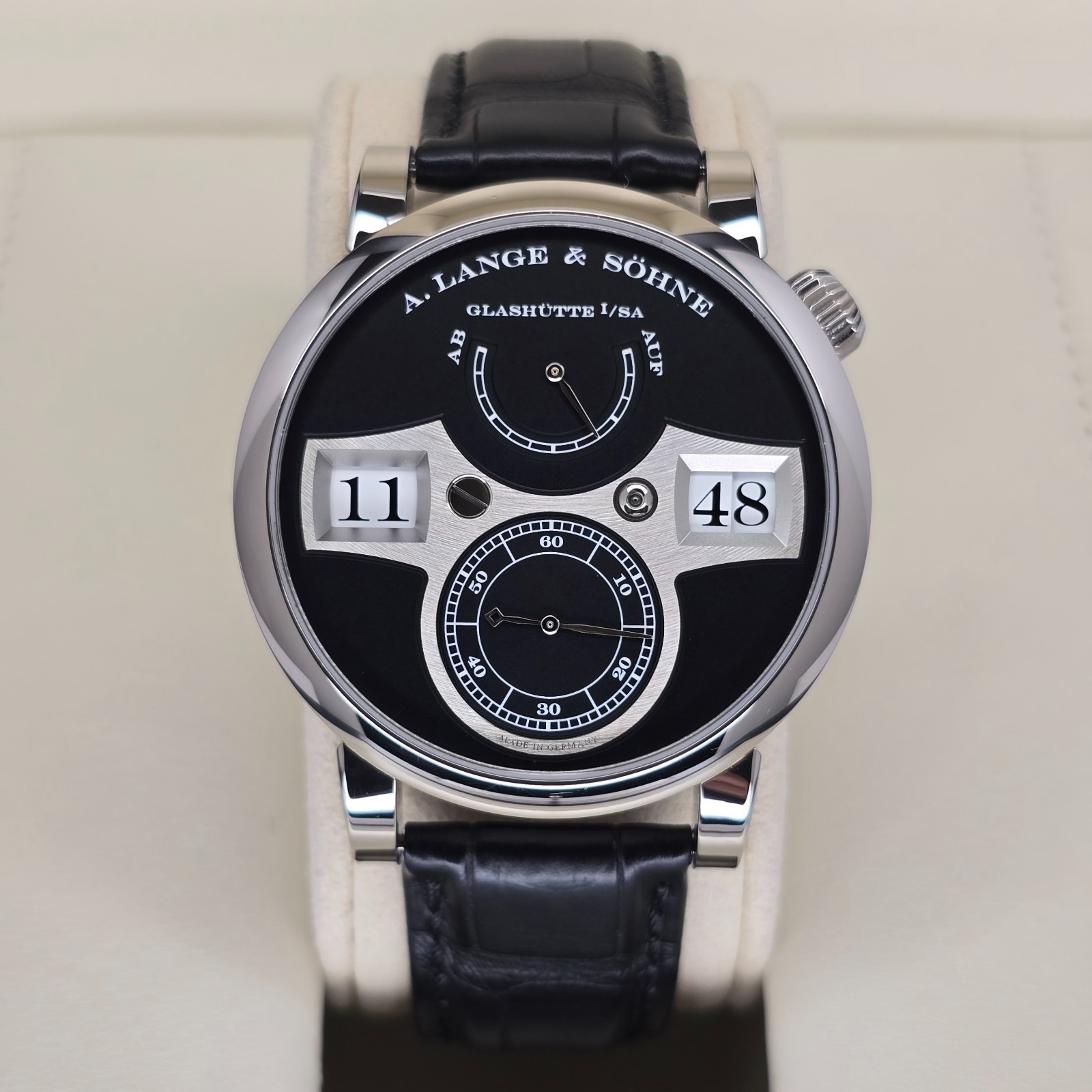 A. LANGE & SOHNE ZEITWERK 140.029 41.9MM 18K WHITE GOLD BLACK DIAL B&P