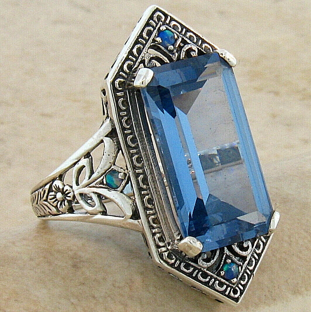 ART DECO STYLE 925 STERLING SILVER 6 Ct SIMULATED AQUAMARINE OPAL RING 283X