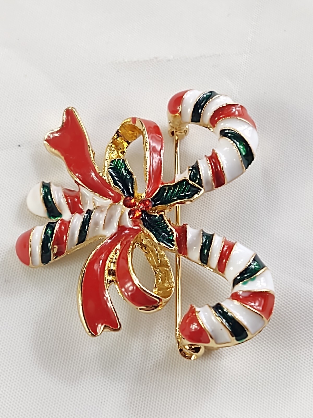 Christmas Holidays Double Candy Canes With Red Bow Brooch Pin Costume Jewelry