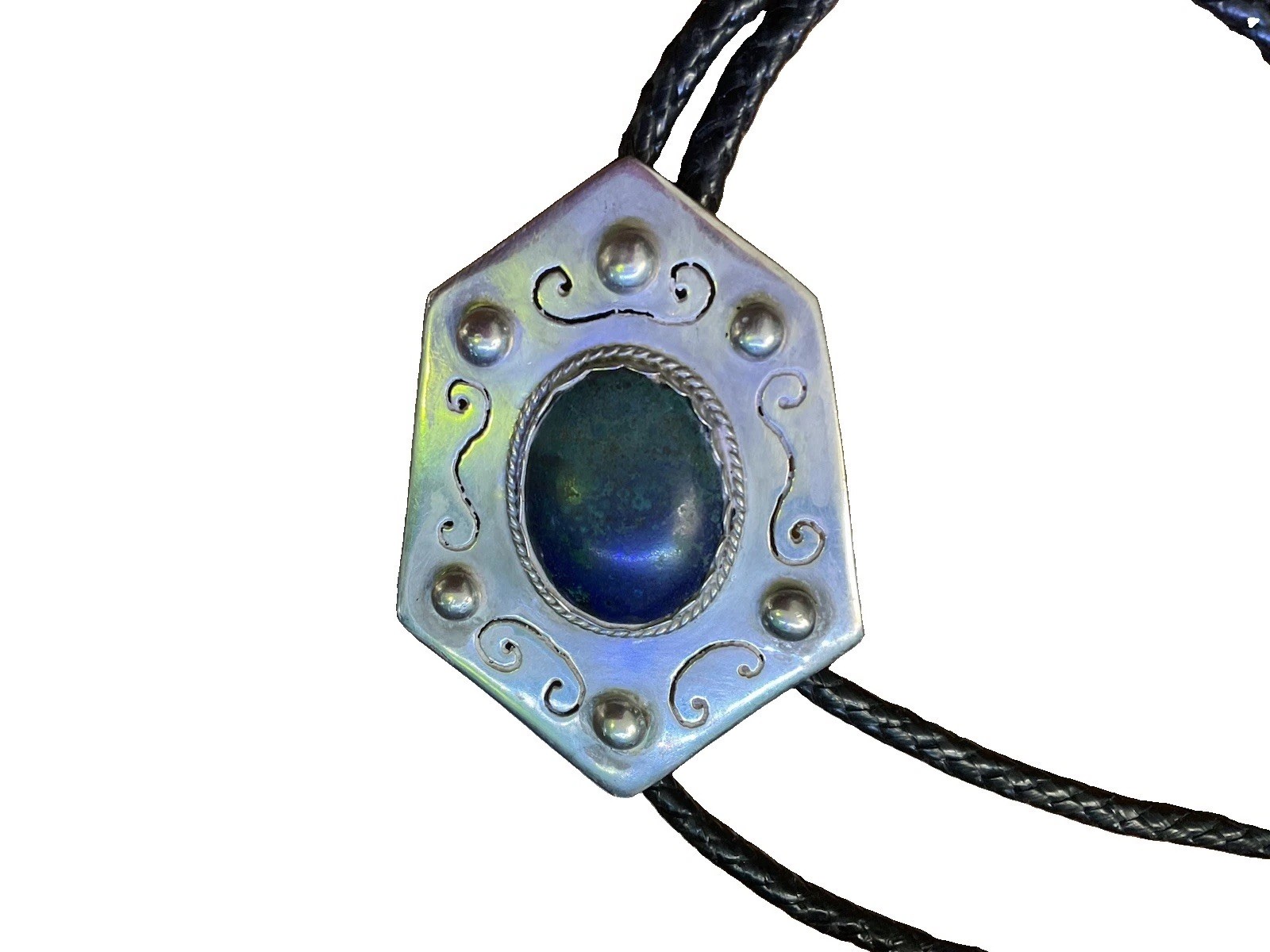 Vtg Native American Azurite Malachite Sterling Silver Bolo Tie