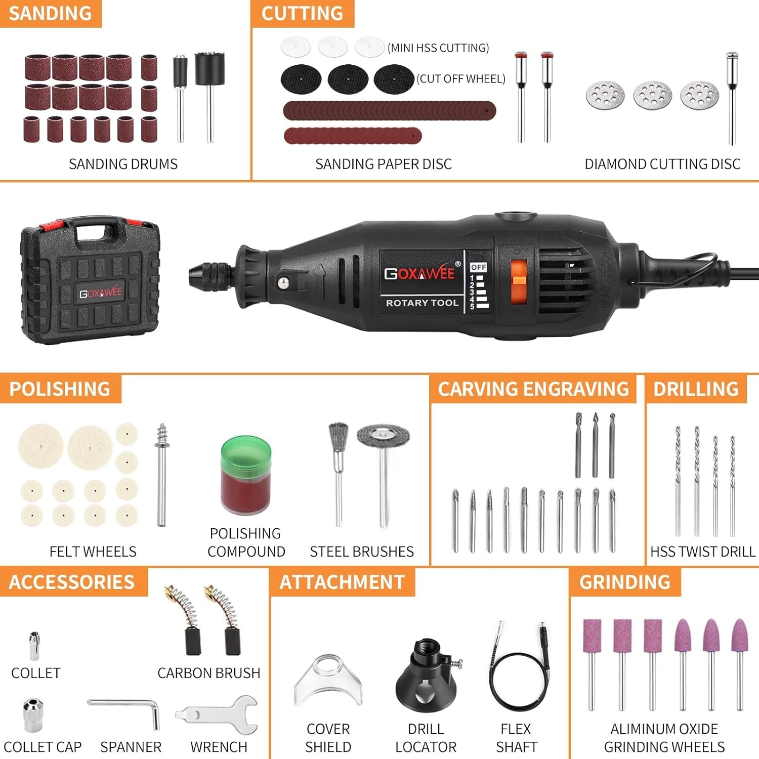 GOXAWEE Rotary Tool Kit with MultiPro Keyless Chuck and Flex Shaft Black