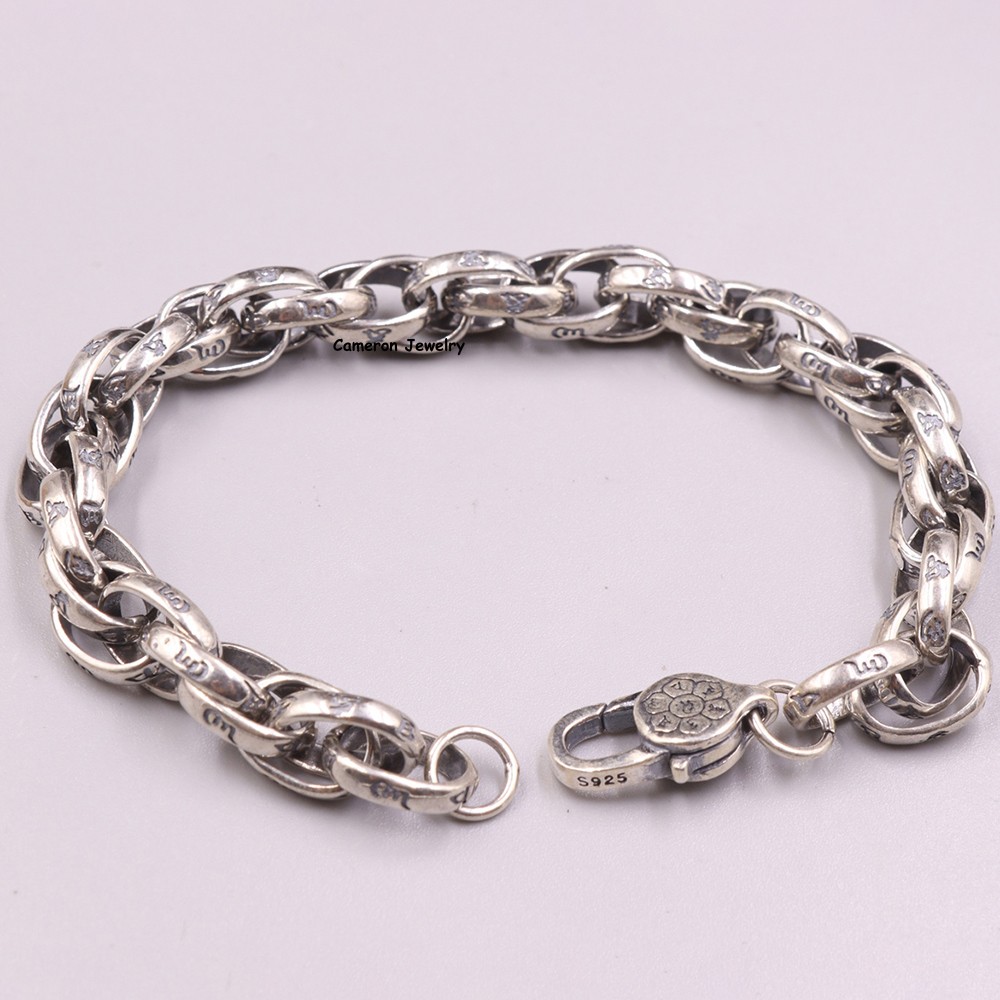 Pure S925 Sterling Silver Chain 9mm Six Words Toggle Link Bracelet 28-29g 8.26in