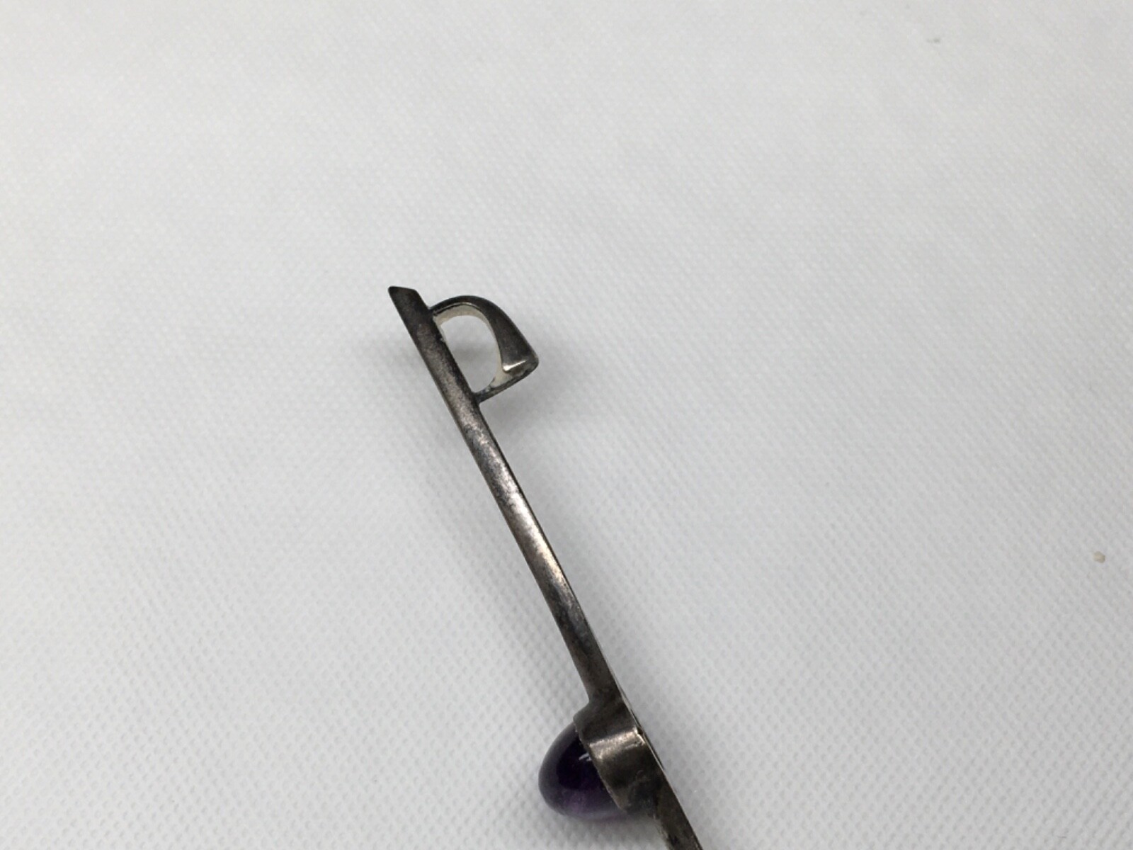 Vintage Brooch Glass OR Natural Purple Stone, 2-3/4″ Long, Unknown Metal.