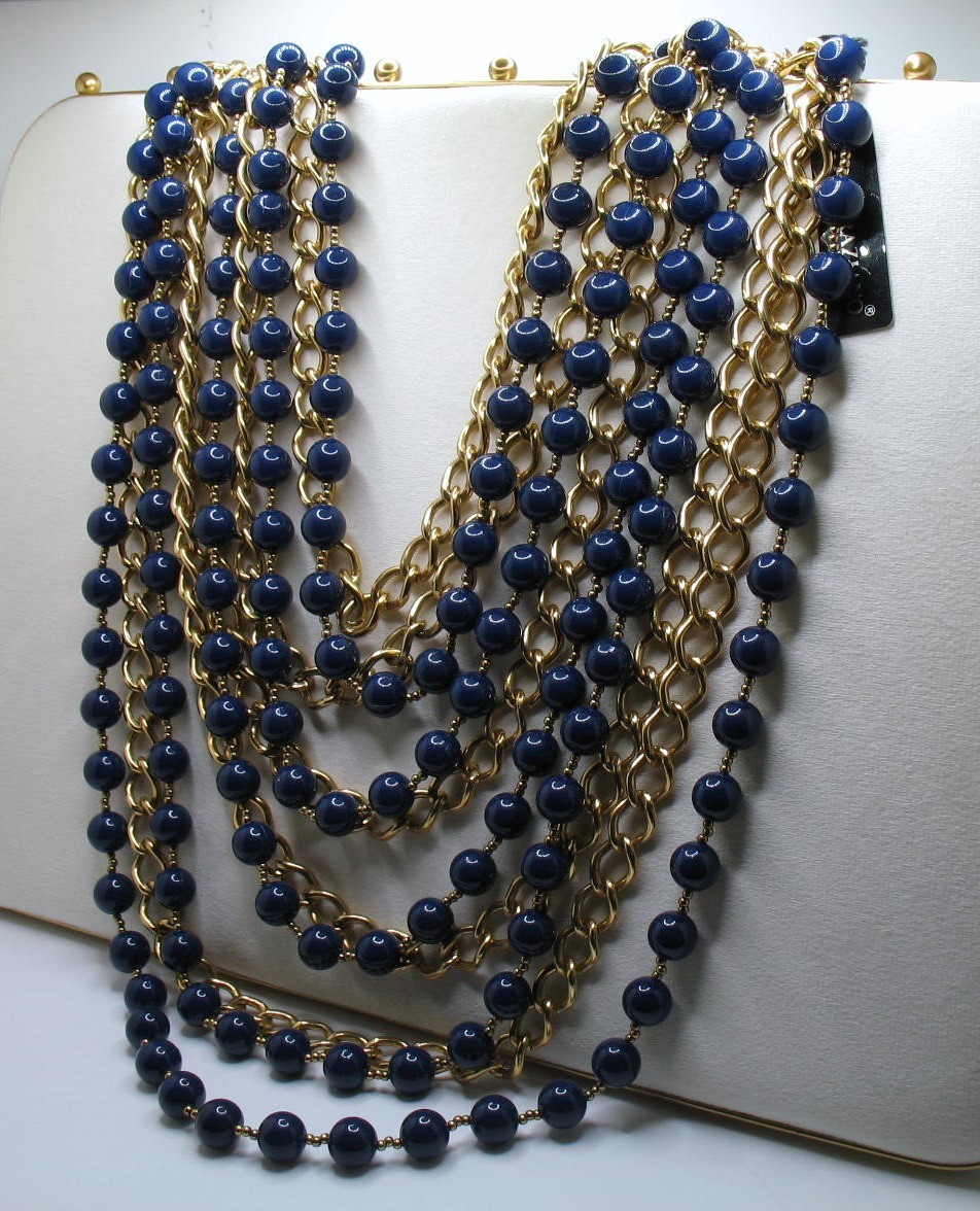 Vintage RJ Graziano 10-strand runway statement bib necklace Navy and goldtone
