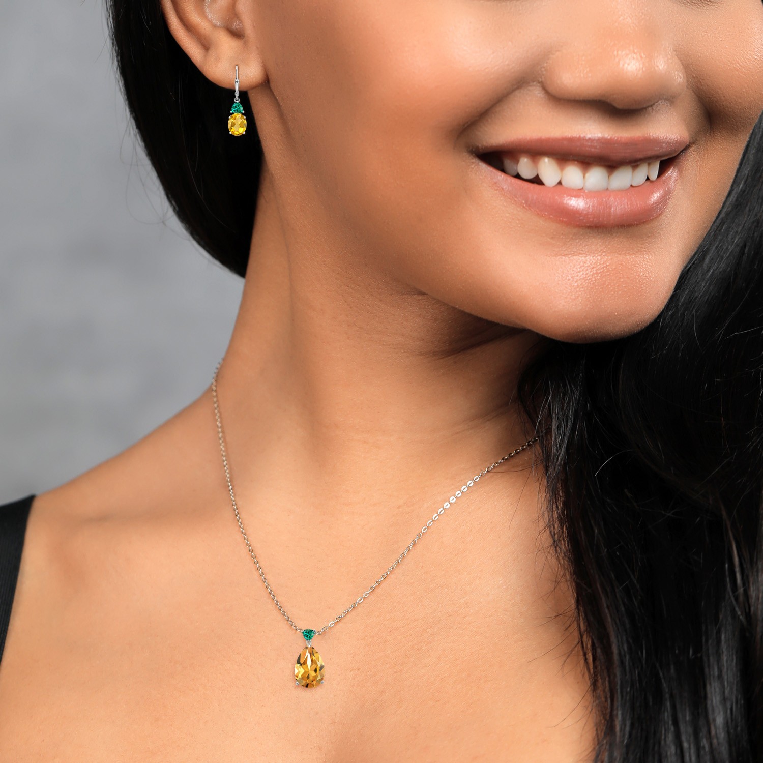 925 Sterling Silver Citrine and Nano Emerald Pendant Earrings Jewelry Set For