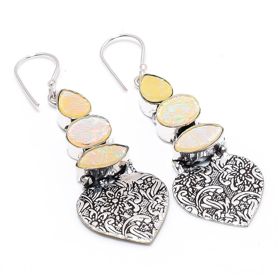 White Opal Earrings 925 Sterling Silver Handmade Heart Dangle Earrings Gift