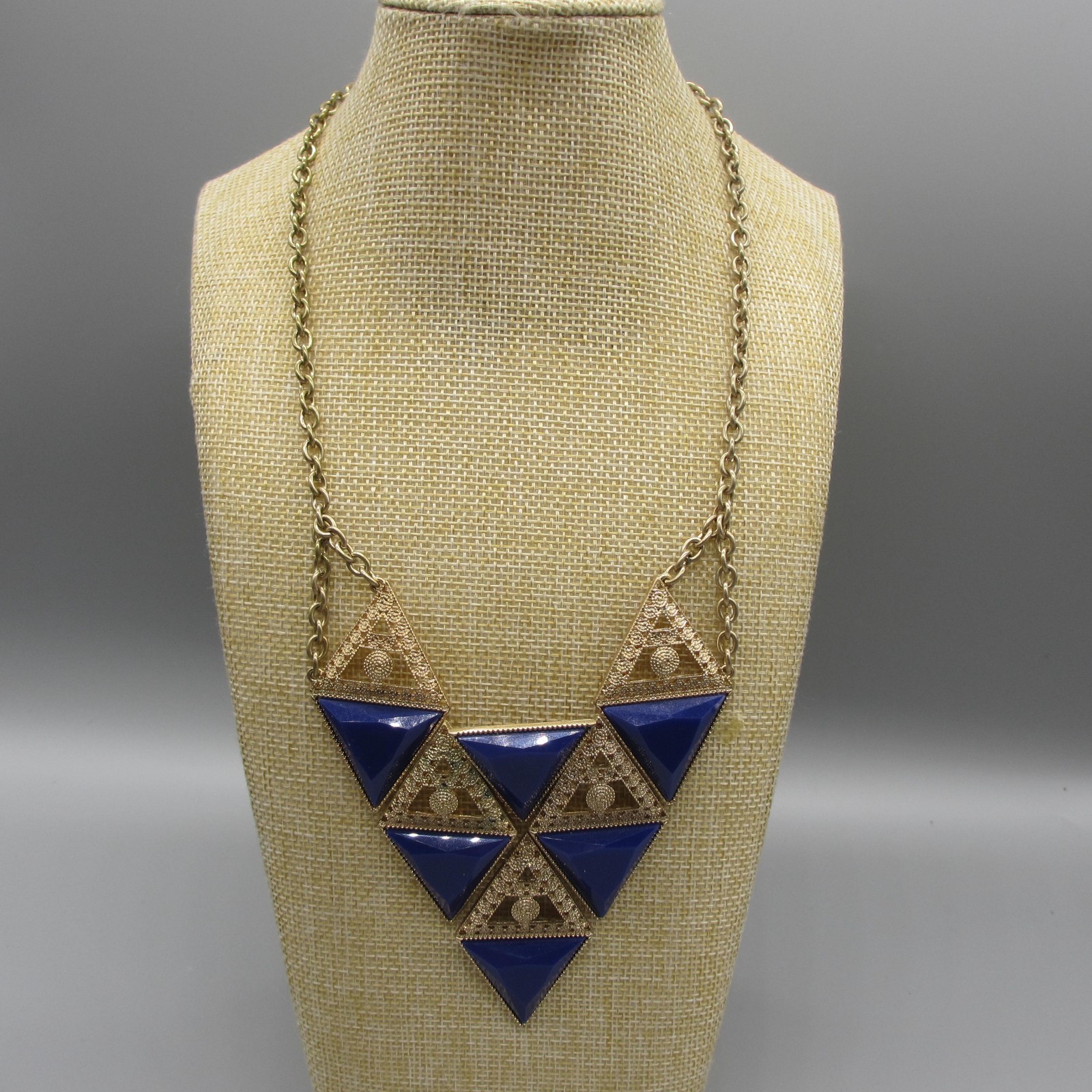 Statement Necklace Triangles Blue Gold Tone Filigree 22 Inch
