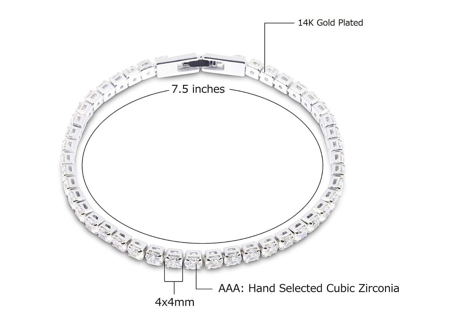 14k White Gold Plated 4MM Round Cut CZ Tennis Chain Bracelet 7.5 Inch All Colors