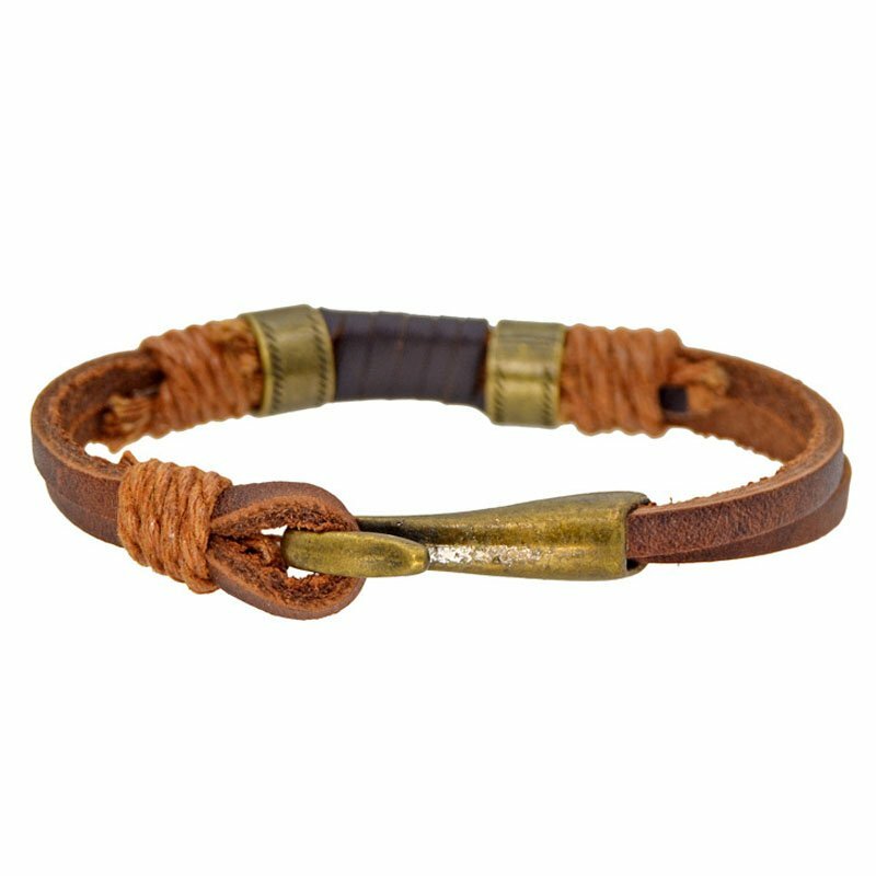 MENDEL 8 Inch Mens Simple Cowboy Copper Leather Bracelet Wristband Cuff For Men