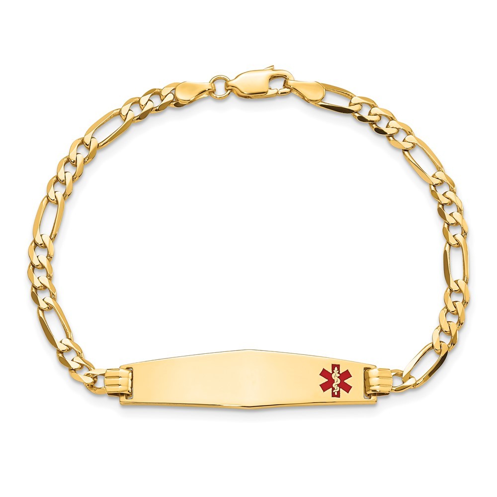 14K Yellow Gold Solid Chain 33x8mm Red Enamel Flat Figaro Link Charm Bracelet 8″