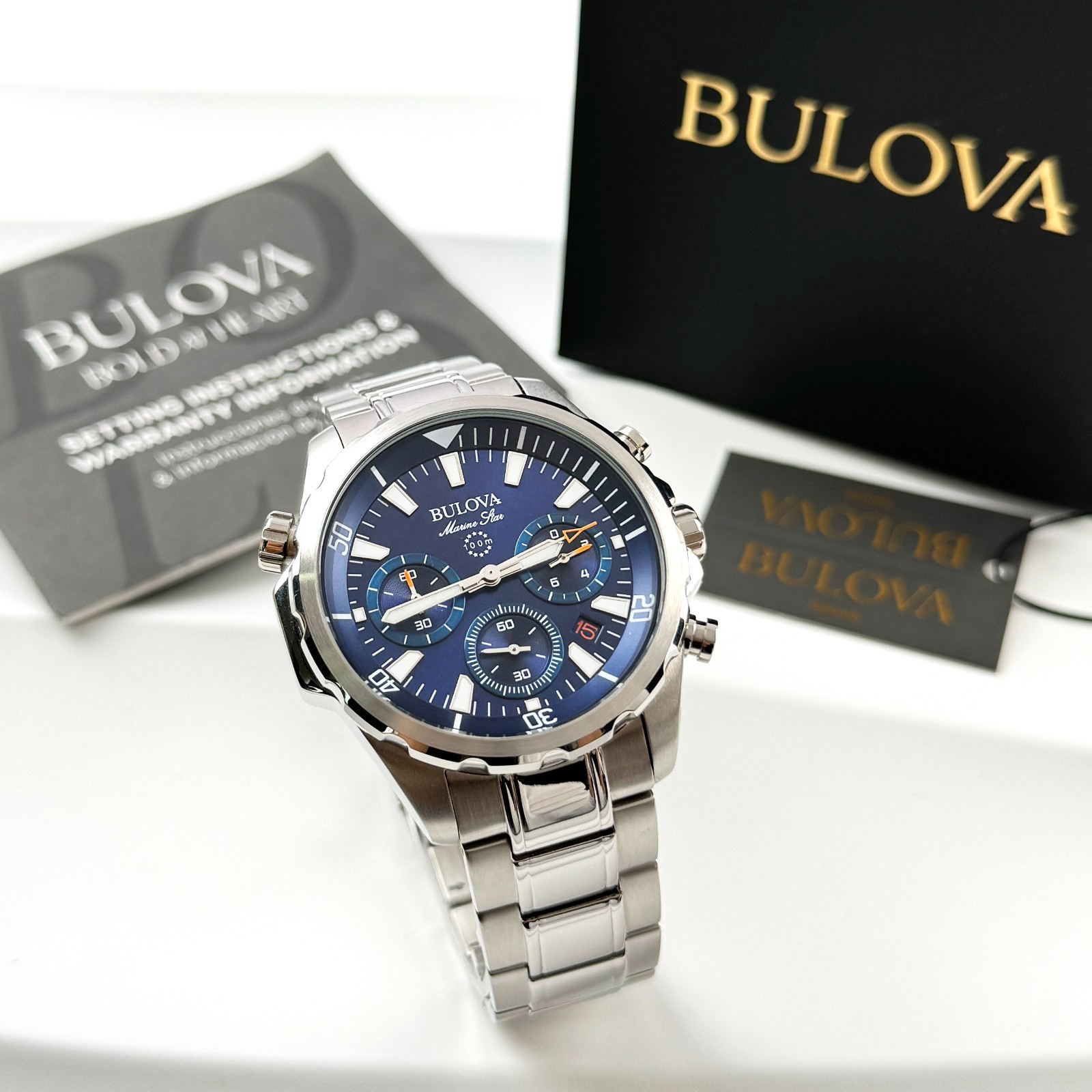 Bulova Men’s New 96B256 Marine Star Chronograph Watch Blue Dial 43mm
