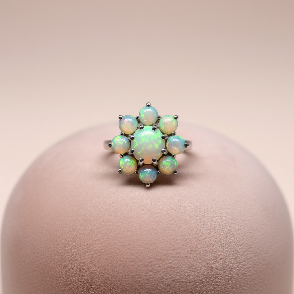 Ethiopian Opal Cluster Flower Ring 925 Sterling Silver Handmade Jewelry