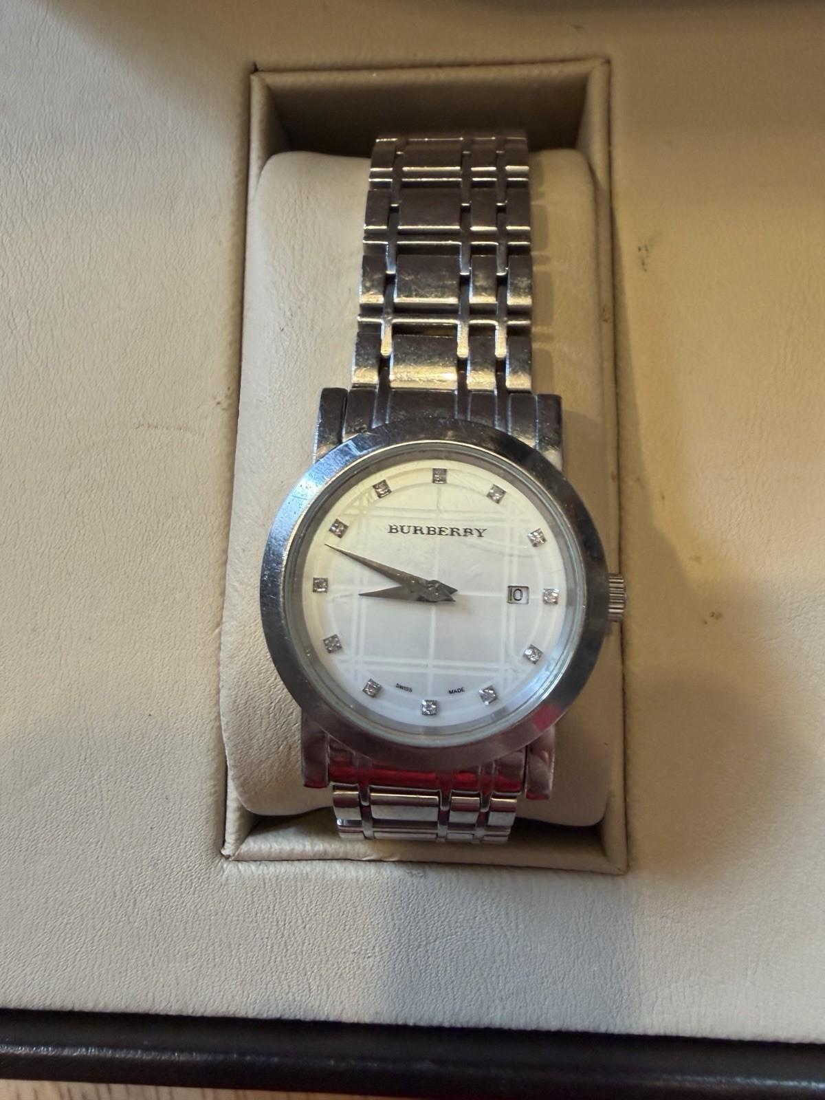 Burberry Women’s Analog Wristwatch White Dial Diamond Markers Date w/ Box